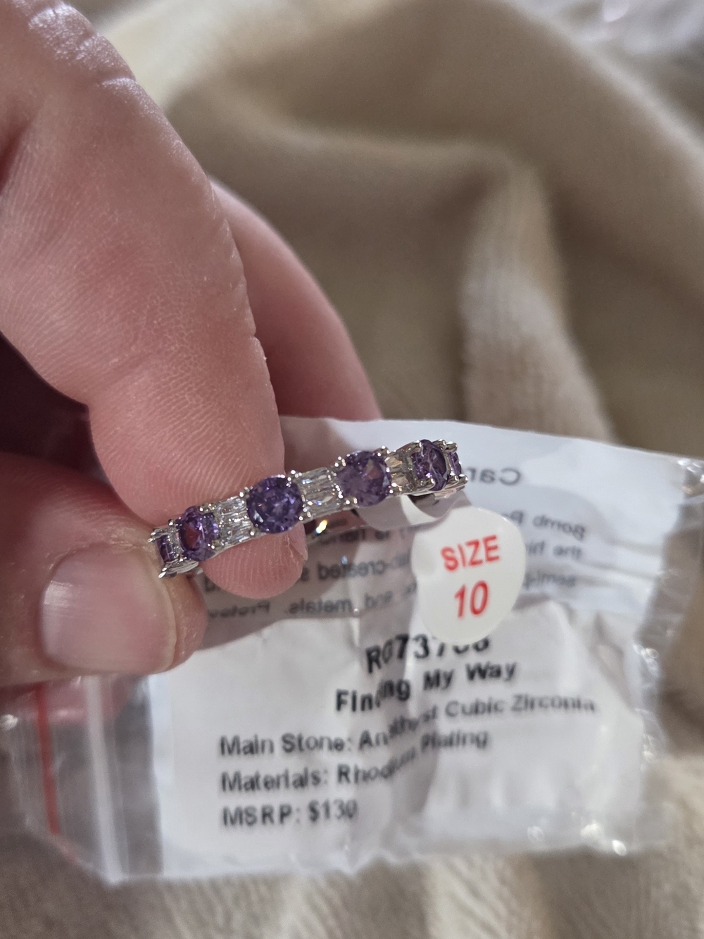 Silver Band Ring with Purple Cubic Zirconia Accents - Size 10